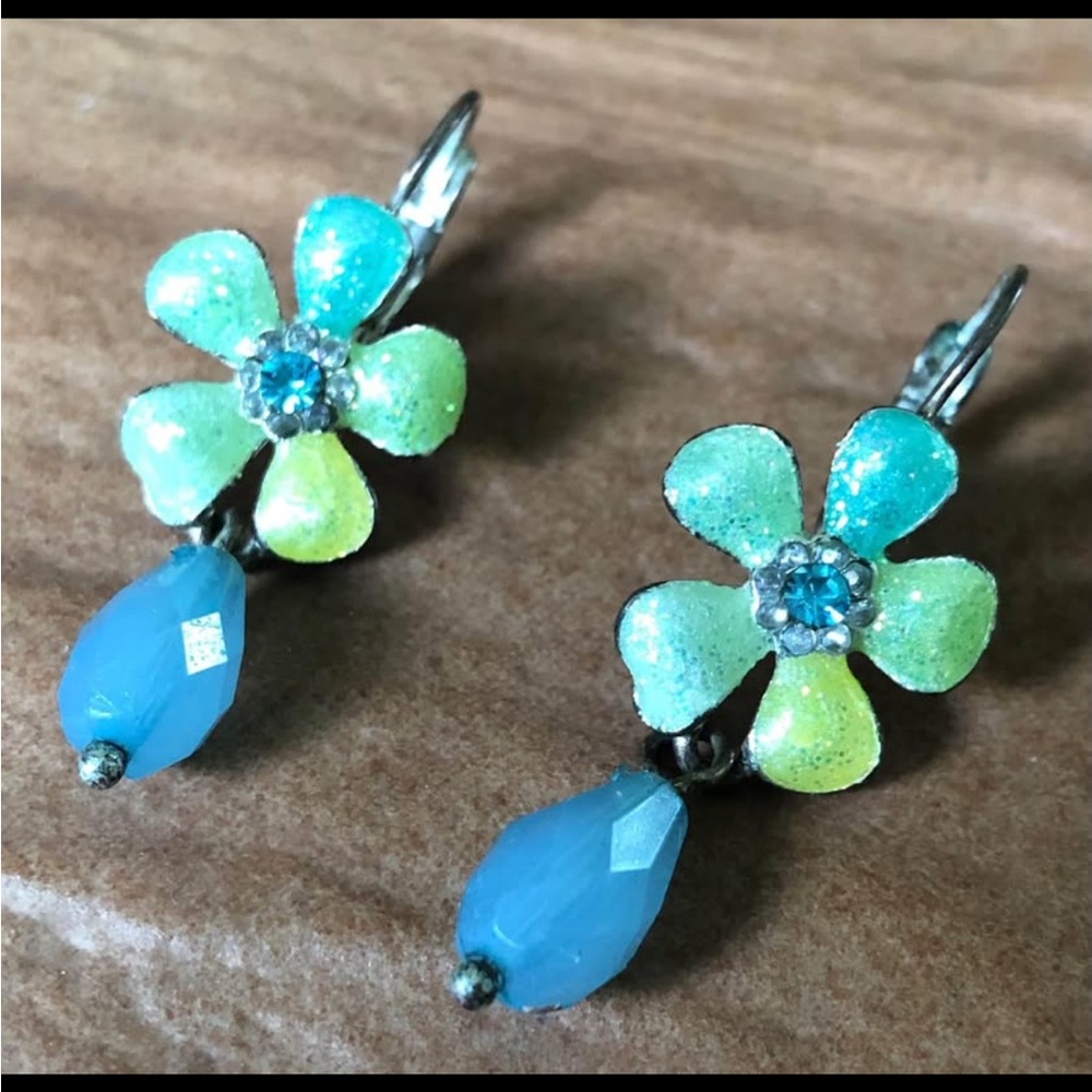 Vintage clip/on Floral Blue and Green Earrings